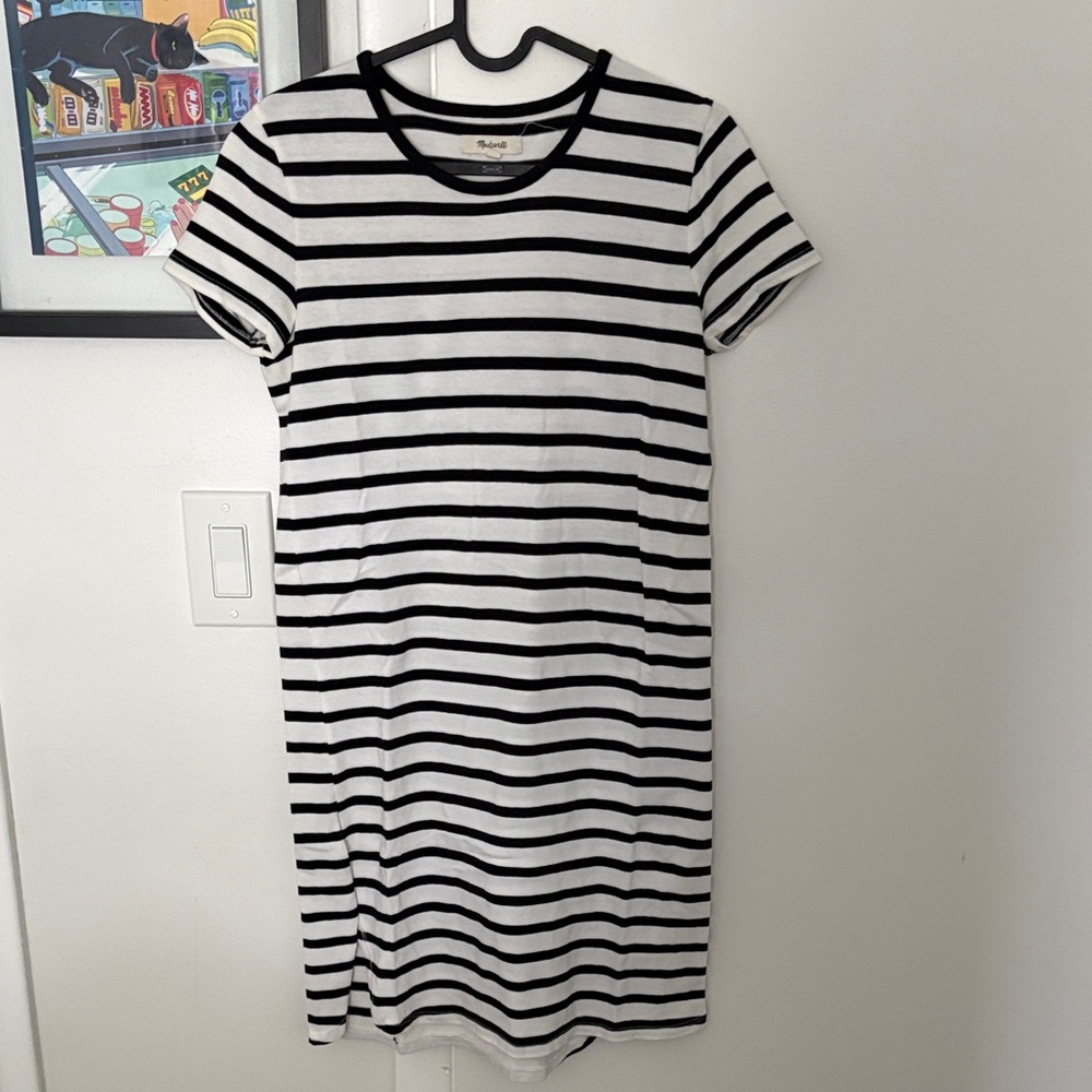 Madewell Black and White Striped Short-Sleeve Midi Dress